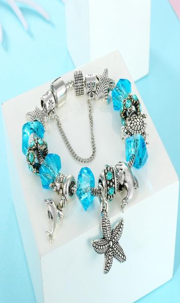 new charm dolphin starfish pendant bangle bracelet for silver plated diy beaded lady elegant bracelet for women gift diy jewelry a8952834, Golden;silver